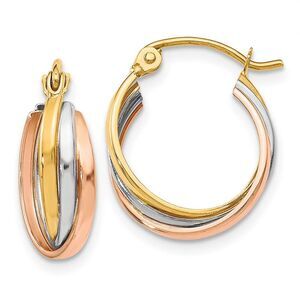 5mm Triple Crossover Hoops in 10k Tri-Color Gold, 14mm (9/16 Inch)